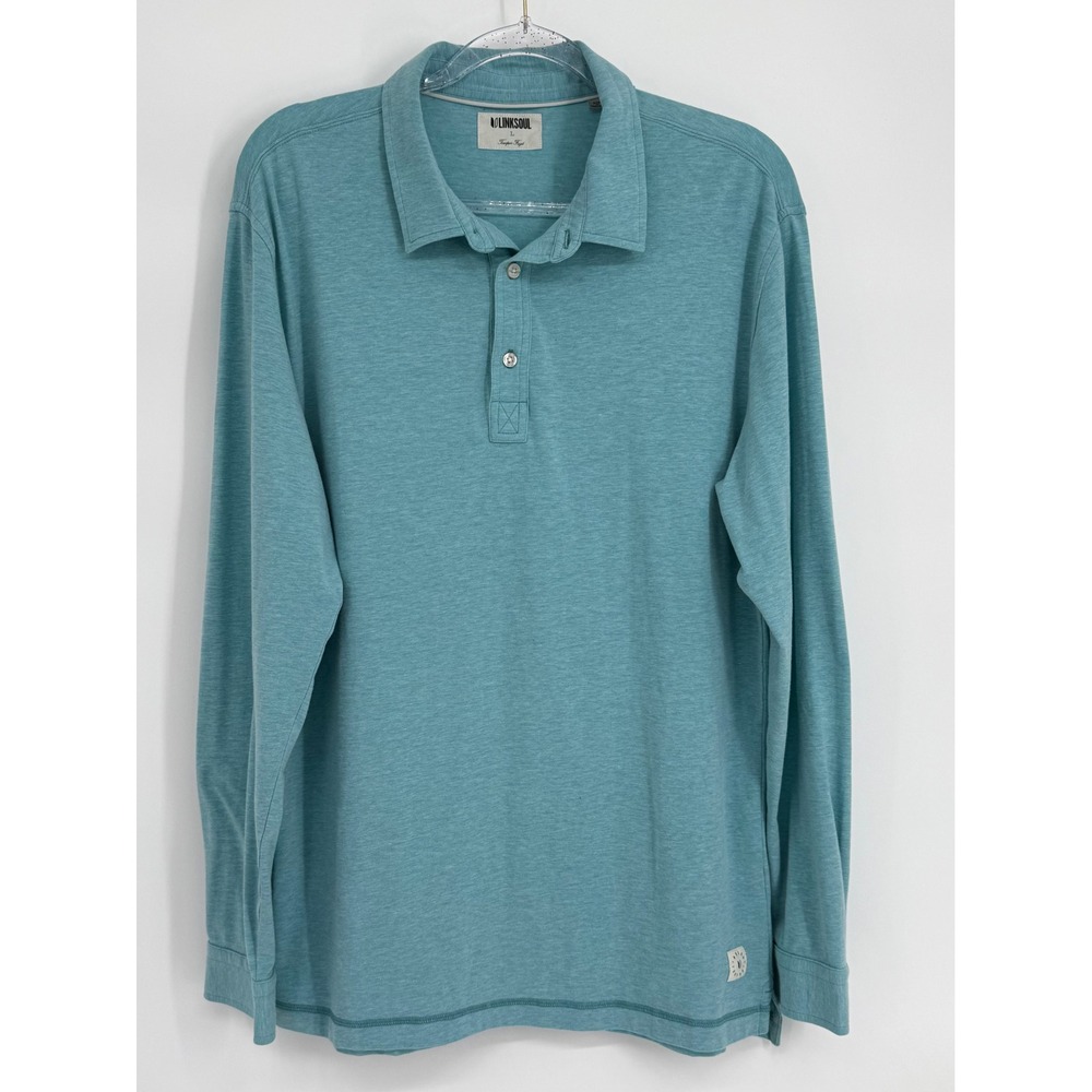 Linksoul Mens‎ Long Sleeve Polo Shirt Teal Blue Heathered Cotton Blend Sz L
